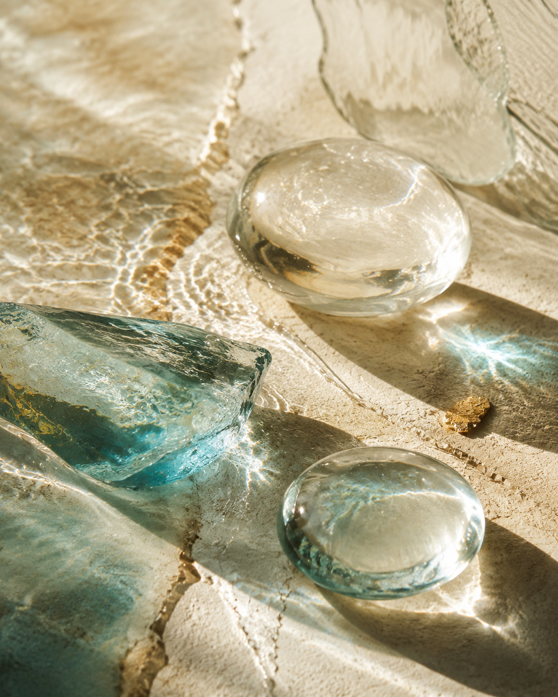 Sunlight refracting through clear and blue-green glass