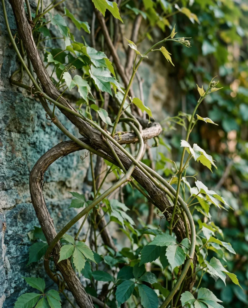 Intertwined vines growing across an old stone wall.