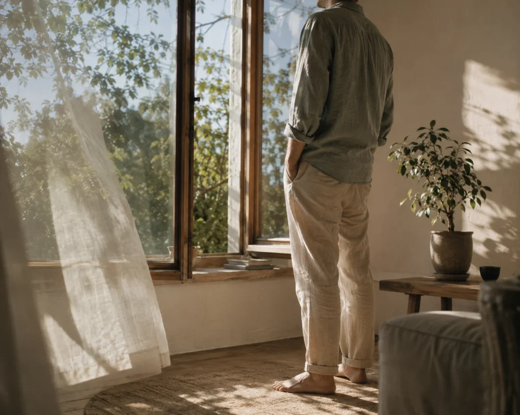 A man standing barefoot by an open window in a sunlit room.