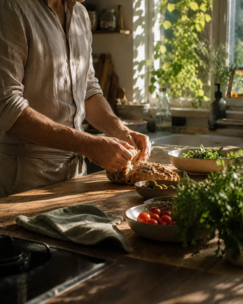A person preparing food at a sunlit kitchen counter.