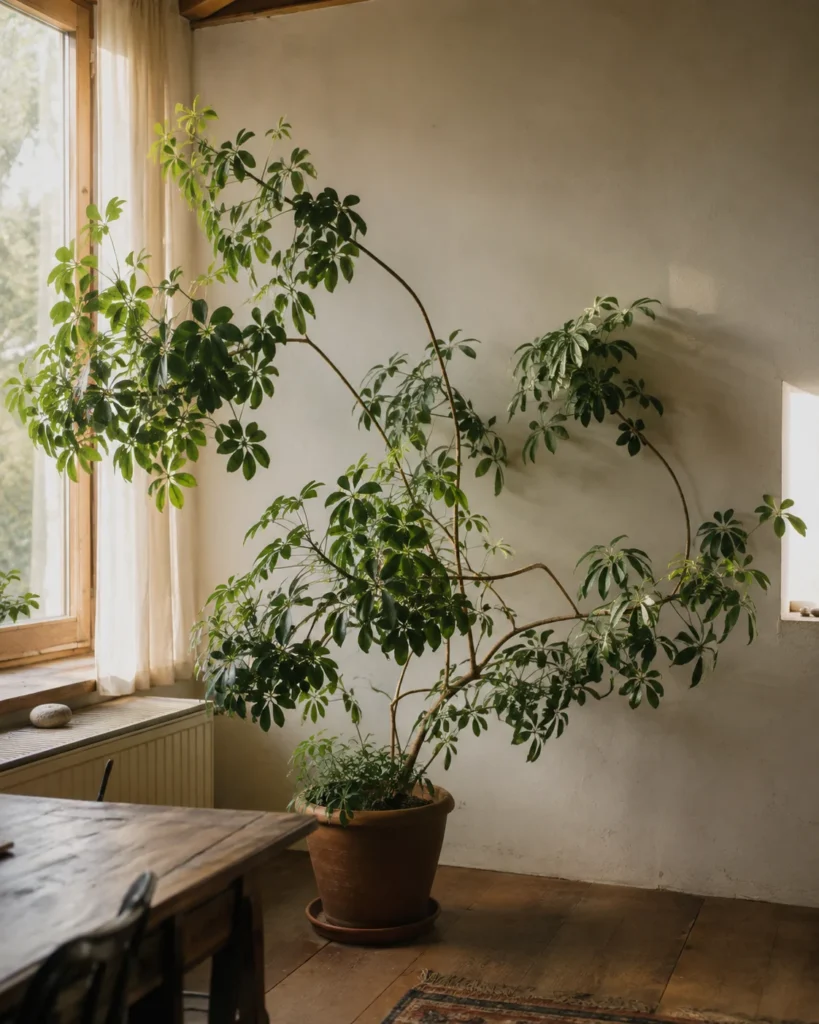A large houseplant growing beside a sunlit window.