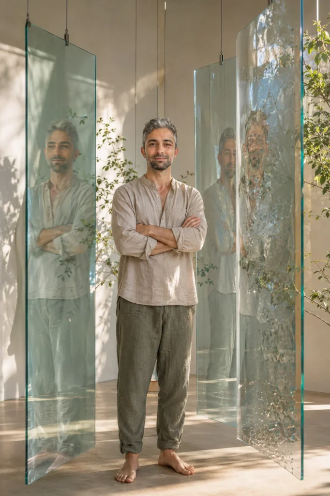 Amar standing among suspended glass panels and reflections.
